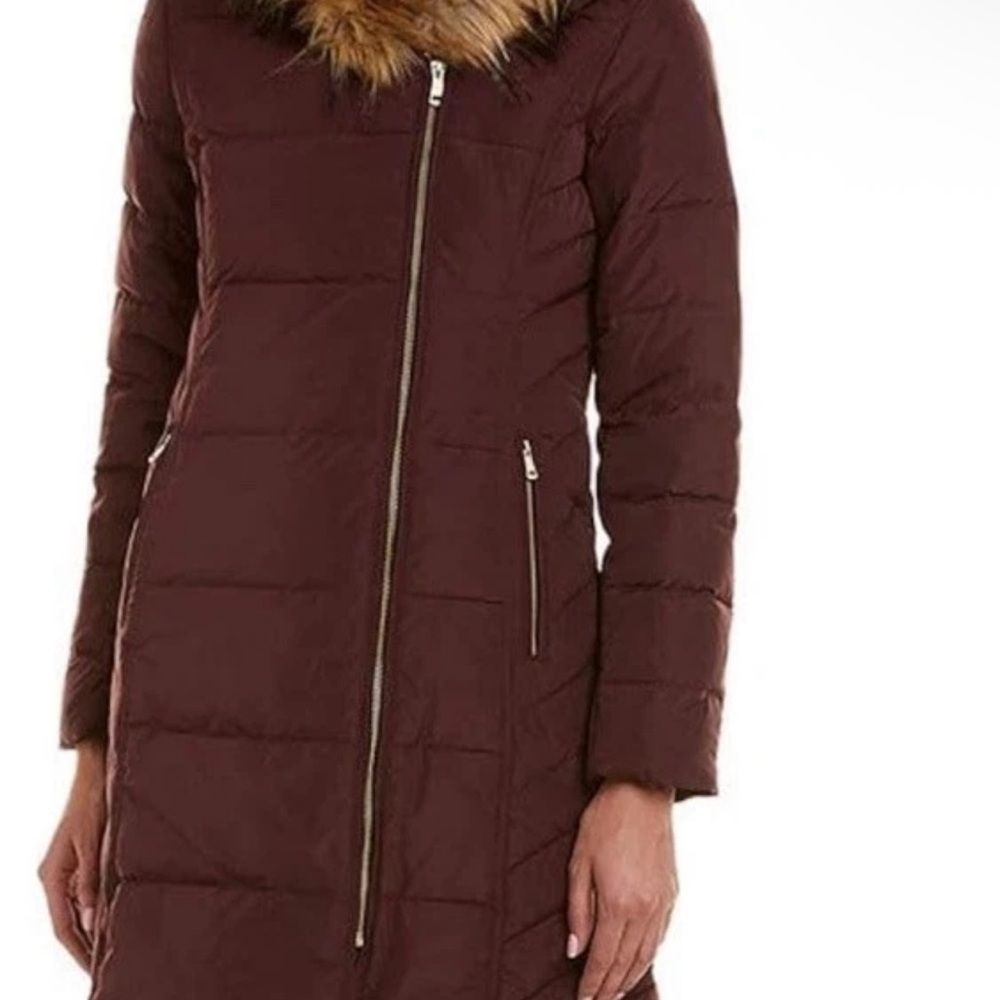 Cole Haan Maroon Puffer Jacket with Faux Fur Trim